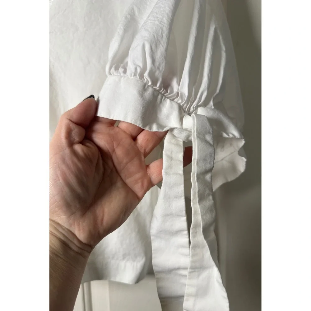 Zara Women's White M Poplin Top Balloon Sleeve‎ Tie Cuff Blouse